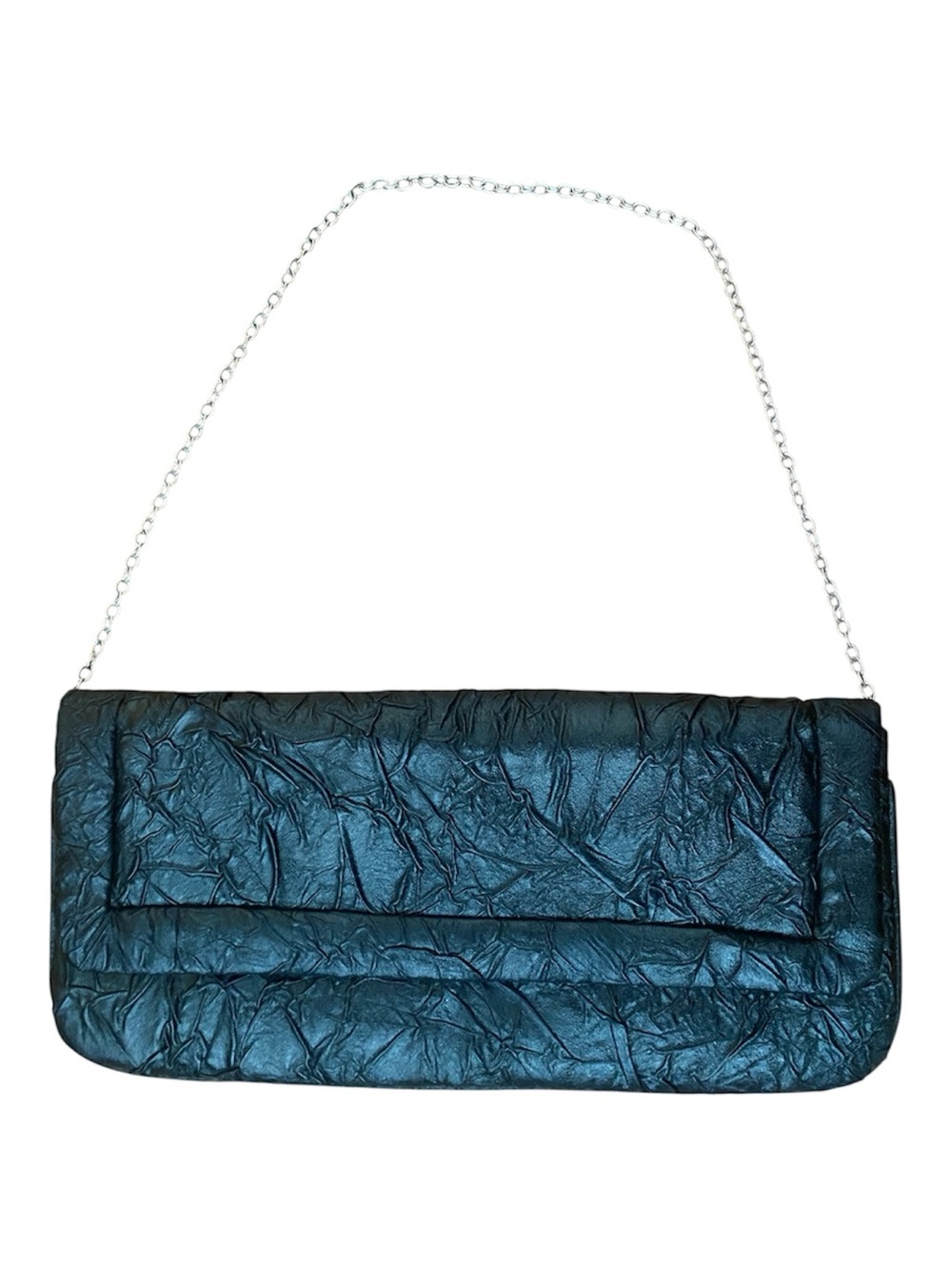 La Sera by Franchi Black Crinkle Foldover Clutch Silver Chain Evening Bag